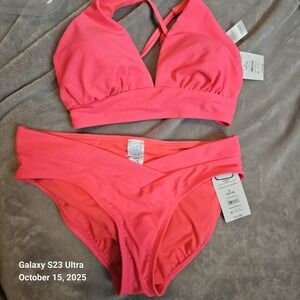 NWT Time And Tru Women's Bikini Set Coral Ribbed Large Mid Rise